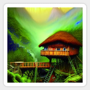 Digital Painting of a Beautiful Colorful Cottage Tree house In a Greenery Outside Magnet